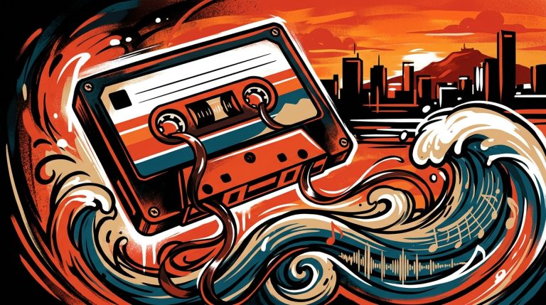 Ilustración urbana de un cassette cuyas cintas forman olas, alusión a la música analógica de Wynd y su tema ‘The Shores’.