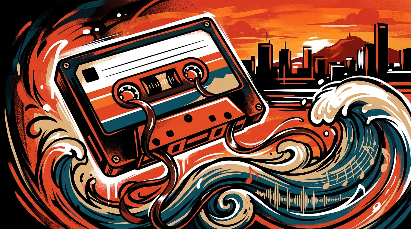 Ilustración urbana de un cassette cuyas cintas forman olas, alusión a la música analógica de Wynd y su tema ‘The Shores’.
