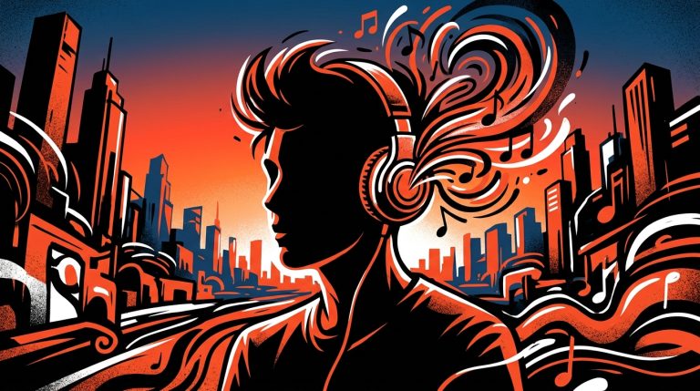 Ilustración urbana sobre "High Hopes 3000" de Role Model, con la energía juvenil de Valencia y los colores de Bonchona Radio.