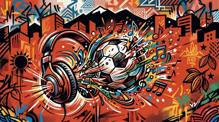 Arte digital del soundtrack del Mundial 2026 con Shakira y Anitta. Fusión de fútbol y música.