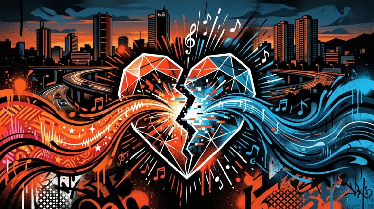 Ilustración urbana de un corazón roto con ondas sonoras. Alusión a 'ouch :_(' la canción de Cupido y Usted Señalemelo.