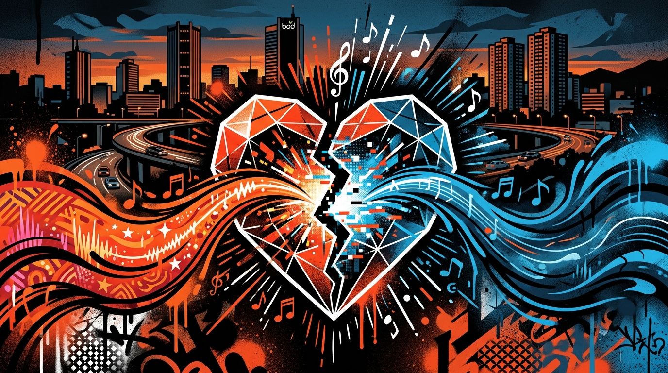 Ilustración urbana de un corazón roto con ondas sonoras. Alusión a 'ouch :_(' la canción de Cupido y Usted Señalemelo.
