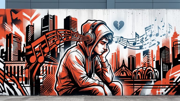 Ilustración urbana de una persona con audífonos y un corazón roto, inspirada en la canción nostálgica de Ozuna 'Mi Yo De Antes'.