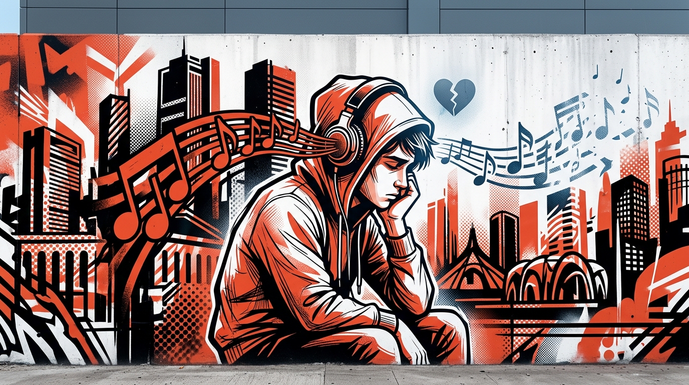 Ilustración urbana de una persona con audífonos y un corazón roto, inspirada en la canción nostálgica de Ozuna 'Mi Yo De Antes'.