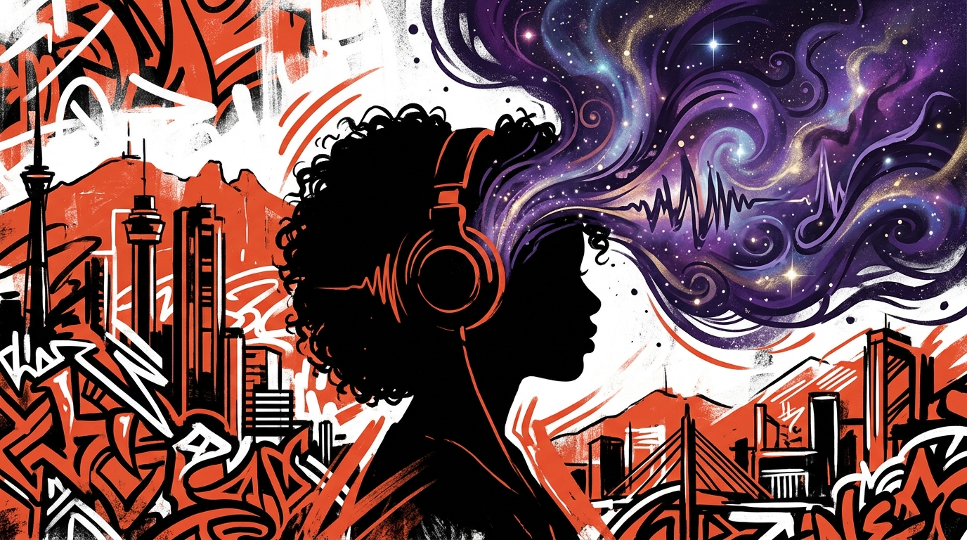 Ilustración urbana de una joven con audífonos y energía cósmica, representando el álbum 'eterna' de Aiona Santana.