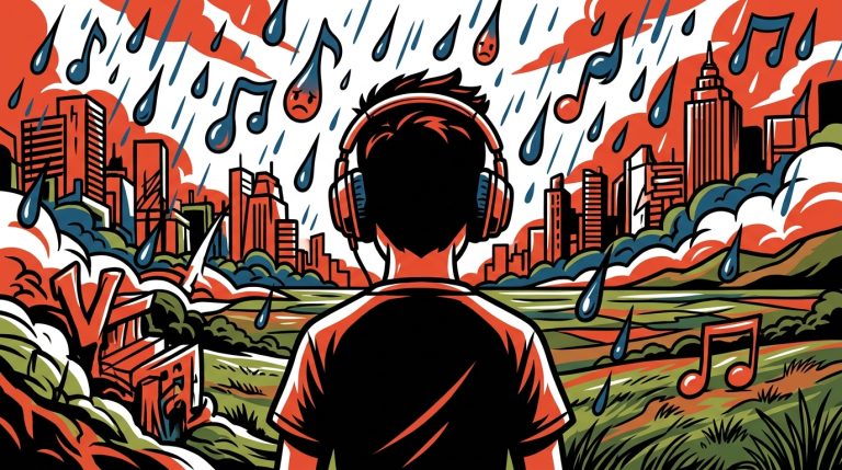 Ilustración del EP 'Aguacero' de Llane: fusión urbana de Valencia con la nostalgia y paisajes de los llanos venezolanos.
