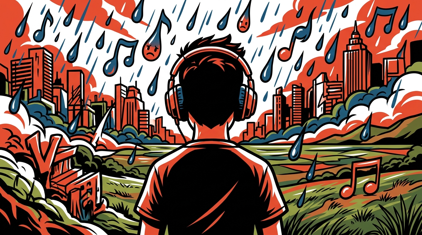 Ilustración del EP 'Aguacero' de Llane: fusión urbana de Valencia con la nostalgia y paisajes de los llanos venezolanos.