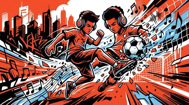 Ilustración urbana de música y fútbol celebrando la canción que Luck Ra le compuso a Messi. Estilo graffiti y pop art.