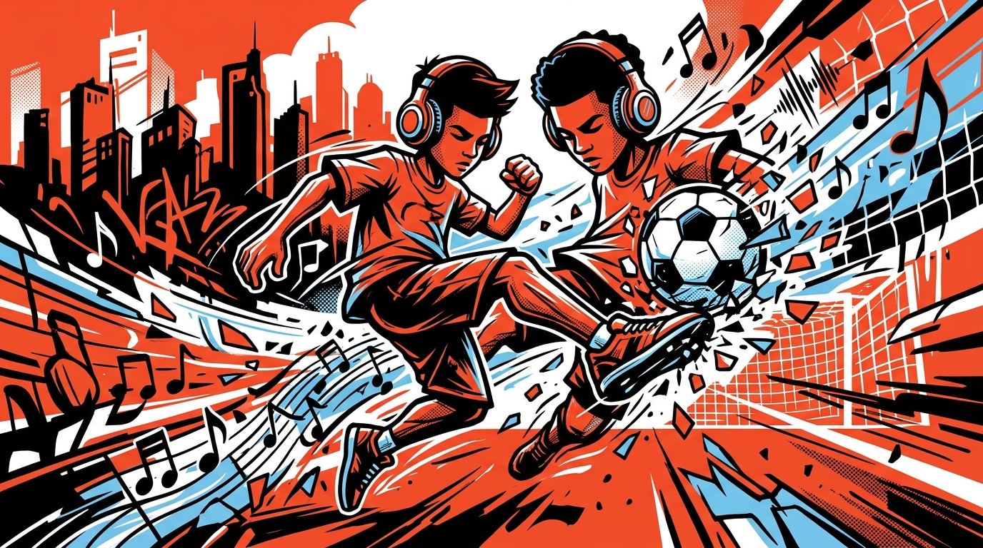 Ilustración urbana de música y fútbol celebrando la canción que Luck Ra le compuso a Messi. Estilo graffiti y pop art.