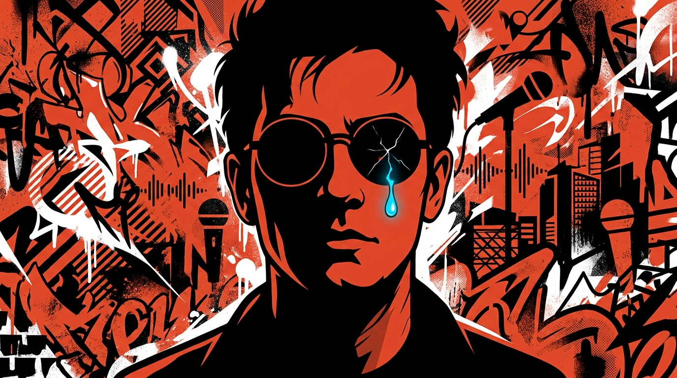 Ilustración urbana de un rockero con una lágrima, simbolizando la vulnerabilidad y el miedo confesado por el Indio Solari.