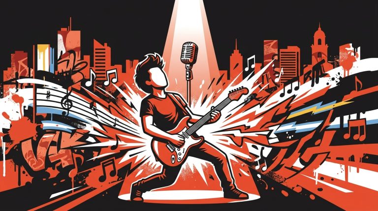 Ilustración urbana de un guitarrista enérgico y un micrófono vacío, simbolizando el concierto homenaje a Indio Solari.