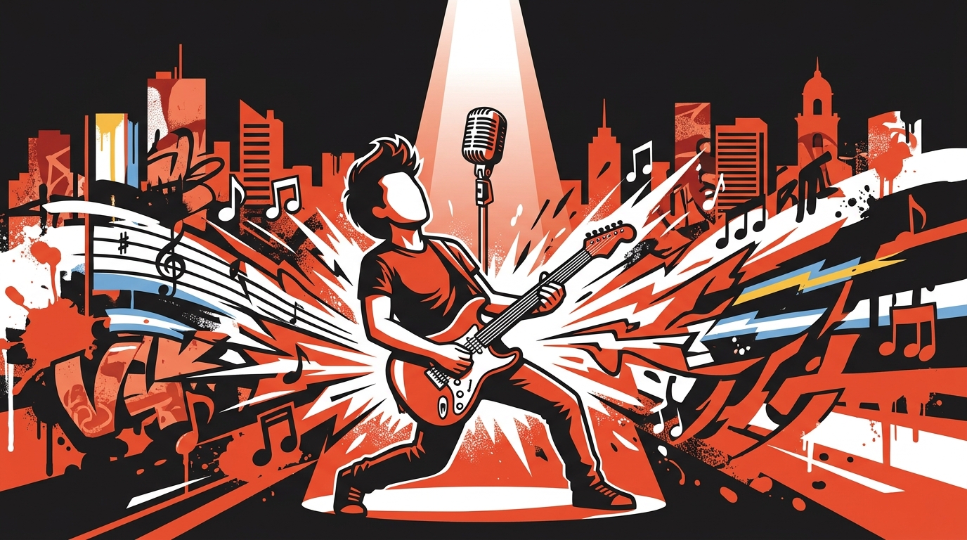Ilustración urbana de un guitarrista enérgico y un micrófono vacío, simbolizando el concierto homenaje a Indio Solari.