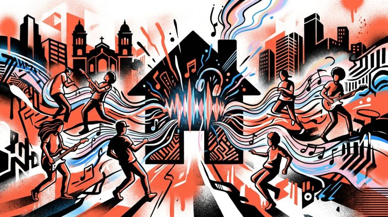 Ilustración urbana del nuevo álbum 'Home' de BOYNEXTDOOR. Estilo graffiti con notas musicales y siluetas de Valencia.