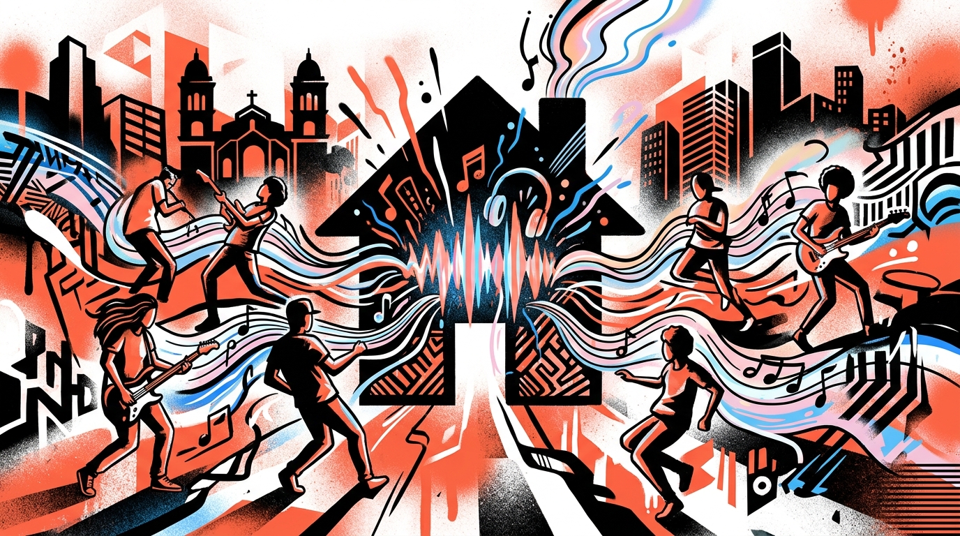 Ilustración urbana del nuevo álbum 'Home' de BOYNEXTDOOR. Estilo graffiti con notas musicales y siluetas de Valencia.