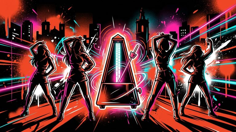 Ilustración urbana del nuevo EP de izna, 'Set The Tempo', con un metrónomo y siluetas de K-pop.