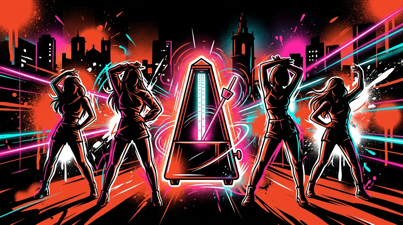 Ilustración urbana del nuevo EP de izna, 'Set The Tempo', con un metrónomo y siluetas de K-pop.