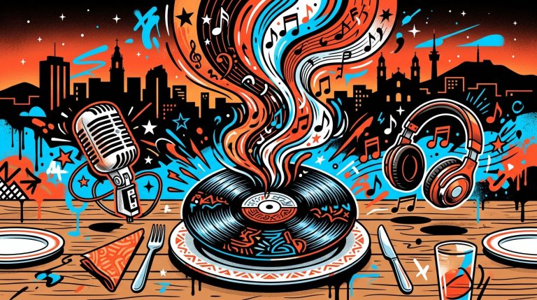 Arte digital urbano para el álbum 'Dinner Party' de Niall Horan. Vinilo, audífonos y notas musicales sobre una ciudad.
