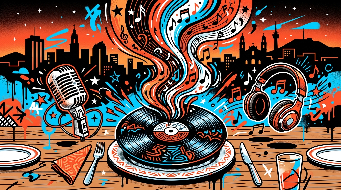 Arte digital urbano para el álbum 'Dinner Party' de Niall Horan. Vinilo, audífonos y notas musicales sobre una ciudad.