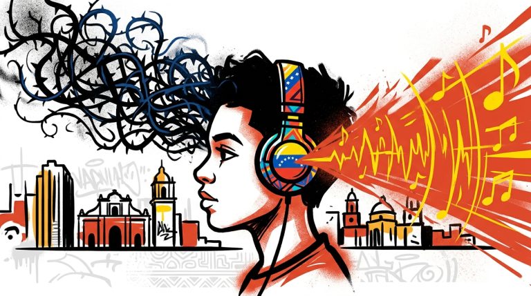 Ilustración urbana para Bonchona Radio del tema 'Va a Pasar' de TUTI Ruggiero, mostrando la superación de la tristeza con música.
