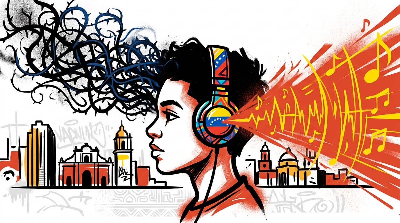 Ilustración urbana para Bonchona Radio del tema 'Va a Pasar' de TUTI Ruggiero, mostrando la superación de la tristeza con música.