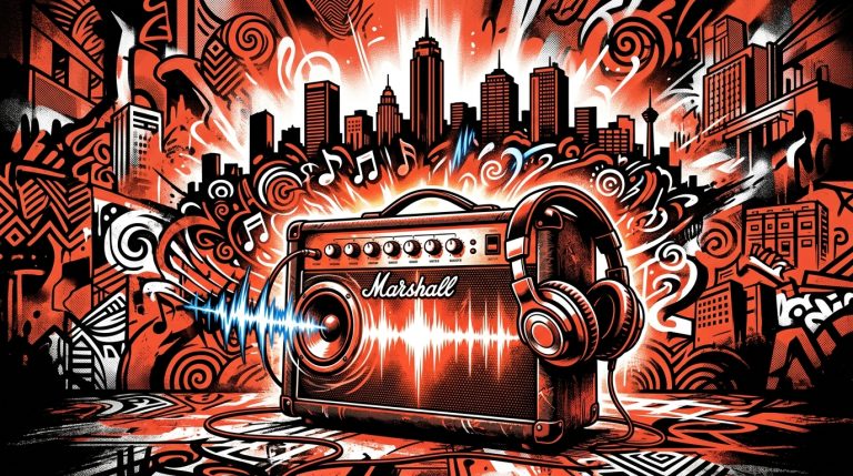 Ilustración del legado musical de Indio Solari: un amplificador emite ondas sonoras sobre una silueta urbana.