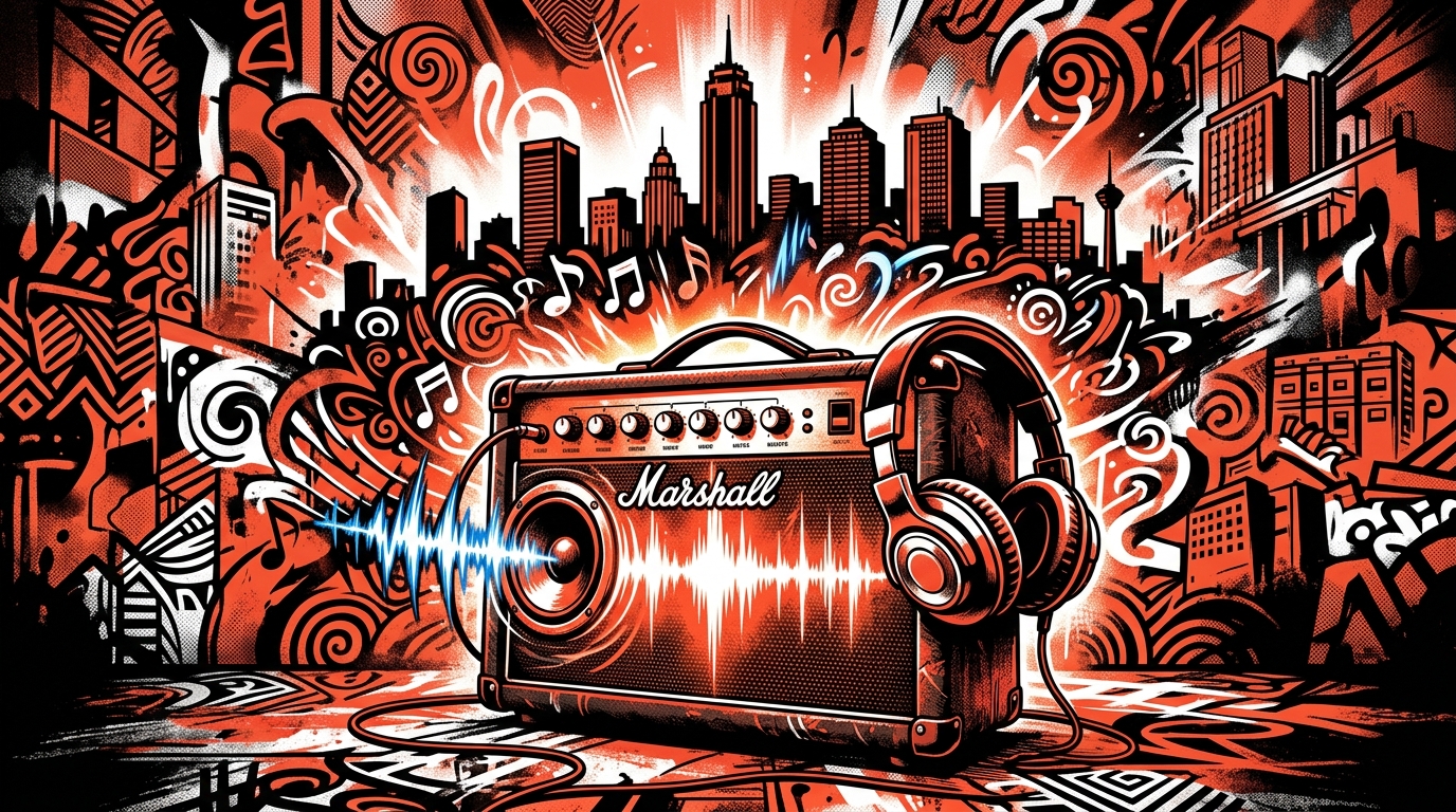 Ilustración del legado musical de Indio Solari: un amplificador emite ondas sonoras sobre una silueta urbana.