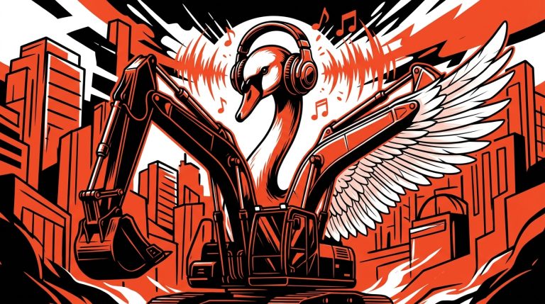 Ilustración urbana de la dualidad del disco ULTRASWAN de ABHIR: un cisne fusionado con una máquina escuchando música.
