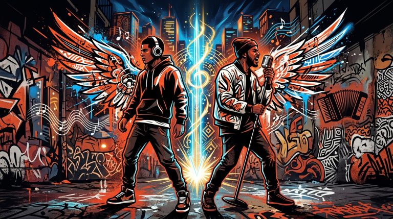 Ilustración urbana de Romeo Santos y Prince Royce con símbolos de protección musical contra la brujería.