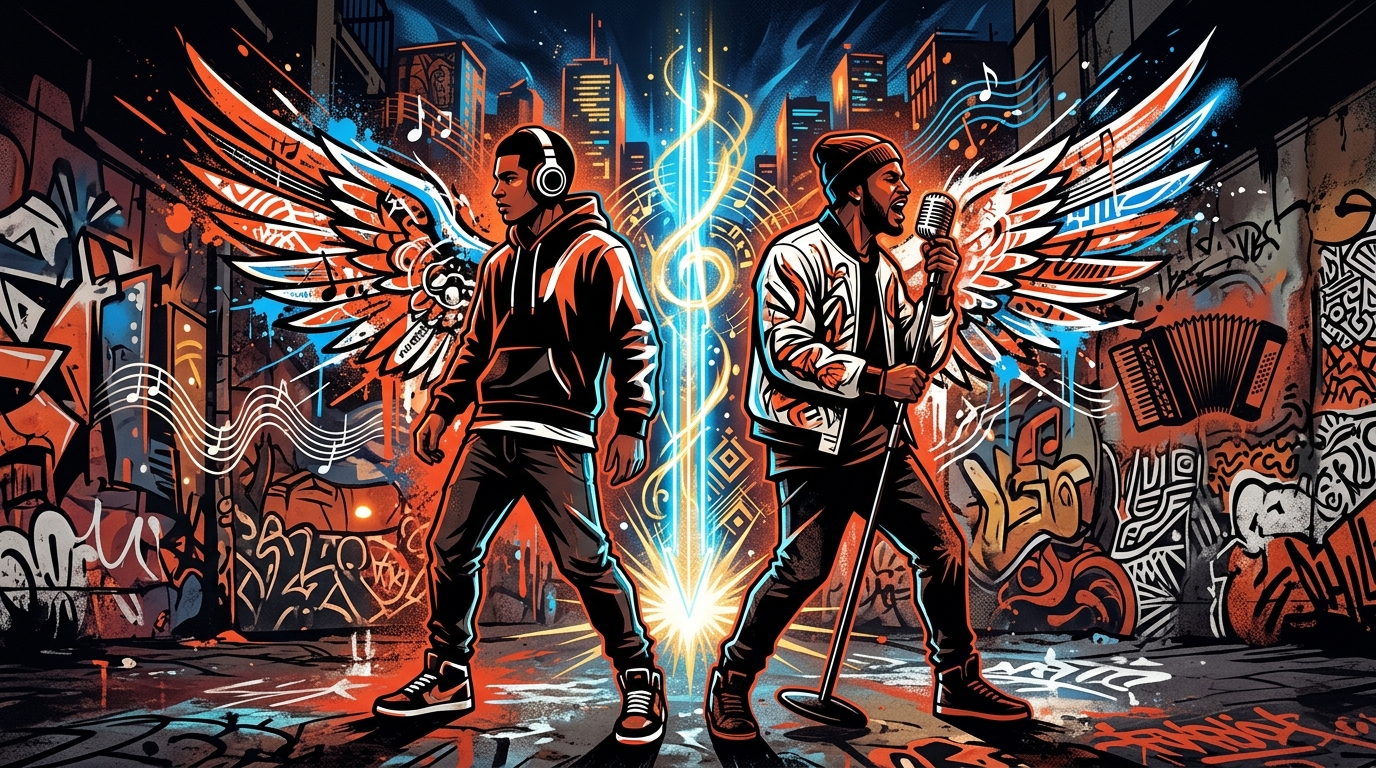 Ilustración urbana de Romeo Santos y Prince Royce con símbolos de protección musical contra la brujería.