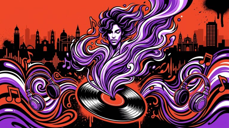Ilustración urbana en homenaje al nuevo álbum póstumo de Prince, con vibrantes colores púrpuras y símbolos musicales.