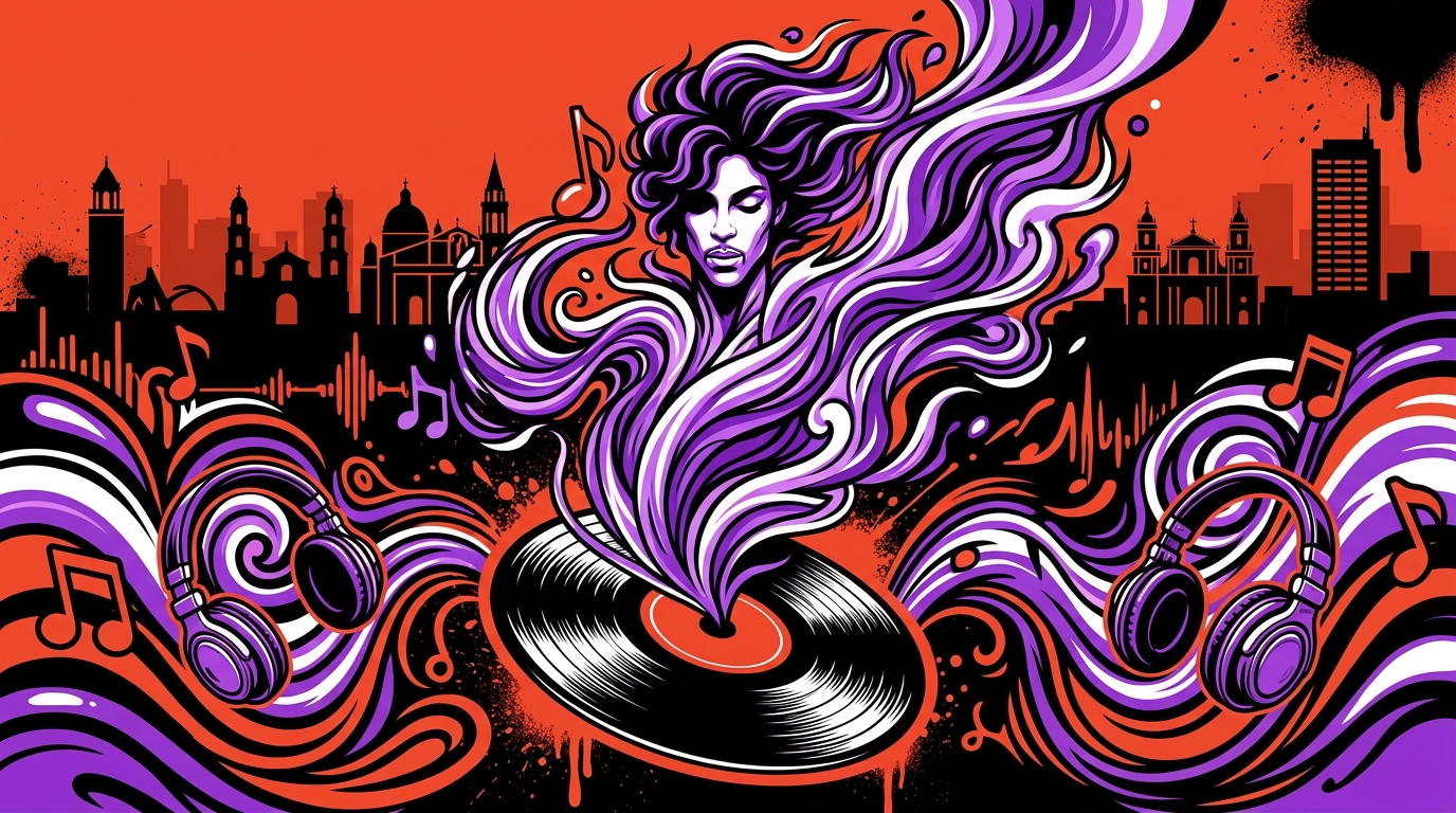 Ilustración urbana en homenaje al nuevo álbum póstumo de Prince, con vibrantes colores púrpuras y símbolos musicales.