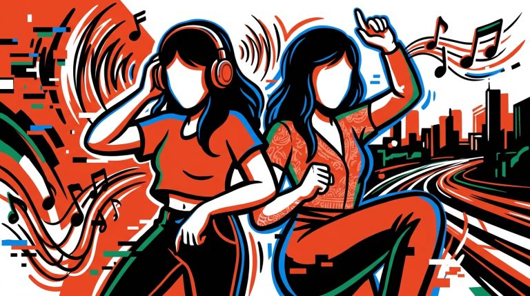 Ilustración urbana del dúo Fillas de Cassandra. Arte digital con dos mujeres, música y energía de su álbum Tertúlia.