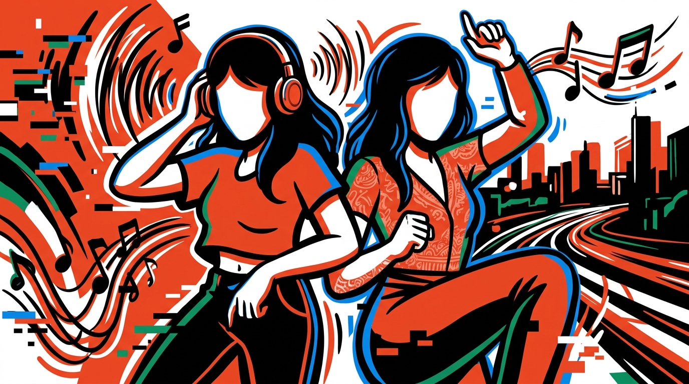 Ilustración urbana del dúo Fillas de Cassandra. Arte digital con dos mujeres, música y energía de su álbum Tertúlia.