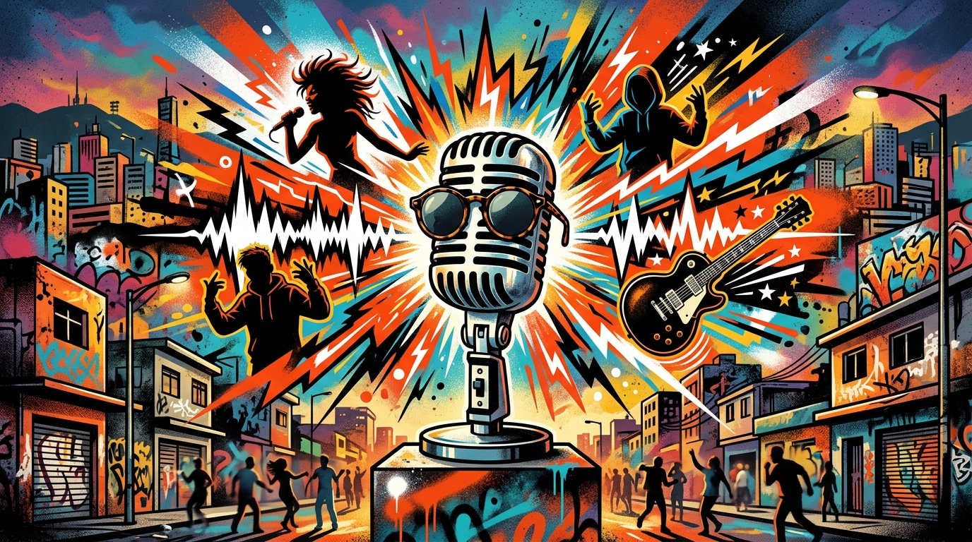 Ilustración urbana de un micrófono con lentes, simbolizando los homenajes musicales de Lali y Milo J al rockero Indio Solari.