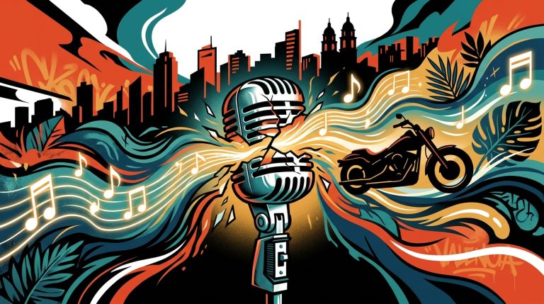 Ilustración urbana de la transformación zen de Draco Rosa y su nuevo disco Olas de Luz, representando su renacer musical.