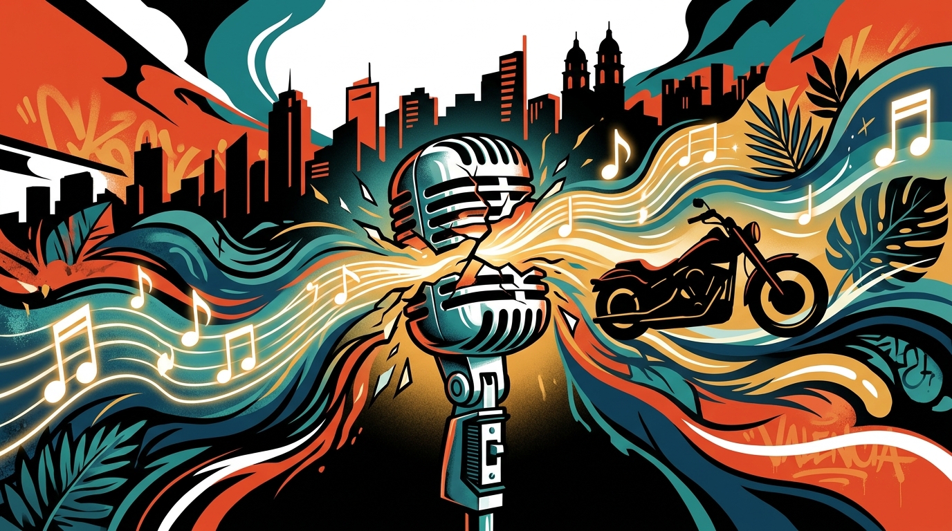 Ilustración urbana de la transformación zen de Draco Rosa y su nuevo disco Olas de Luz, representando su renacer musical.