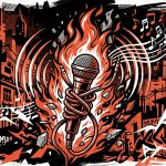 Ilustración urbana en homenaje al legado de Indio Solari. Un micrófono en llamas simboliza su música y última voluntad.