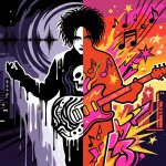 Ilustración urbana sobre la dualidad de los dos nuevos discos de The Cure. Arte estilo graffiti con contrastes y colores vibrantes.