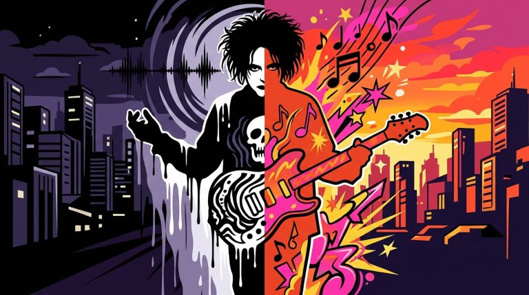 Ilustración urbana sobre la dualidad de los dos nuevos discos de The Cure. Arte estilo graffiti con contrastes y colores vibrantes.