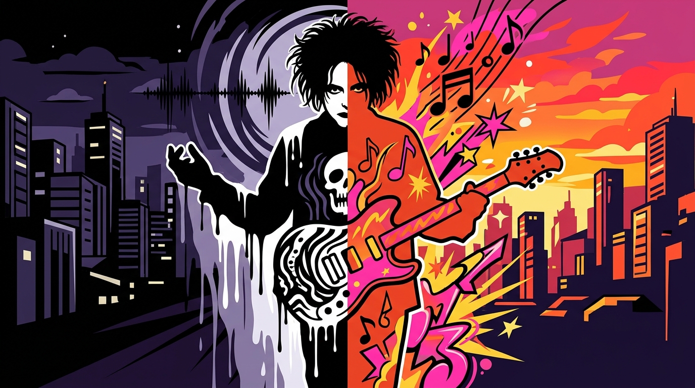 Ilustración urbana sobre la dualidad de los dos nuevos discos de The Cure. Arte estilo graffiti con contrastes y colores vibrantes.