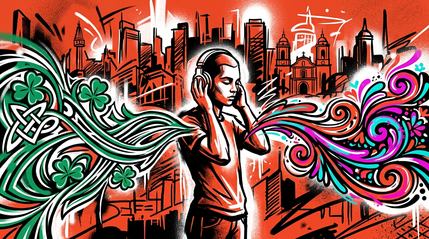 Ilustración del tributo en español a The Cranberries por Bratty y ANASOF, con arte urbano y fusión cultural.