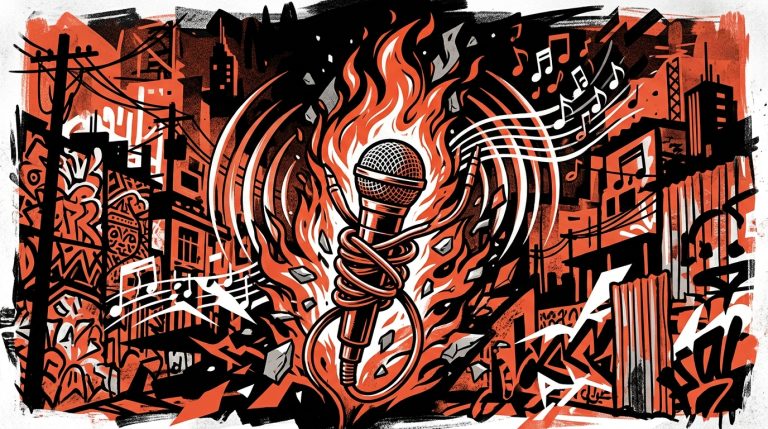 Ilustración urbana en homenaje al legado de Indio Solari. Un micrófono en llamas simboliza su música y última voluntad.