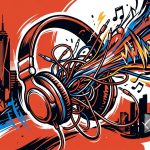 Ilustración urbana del álbum NEXO de Nil Moliner: audífonos que estallan en música y caos creativo sobre la ciudad.