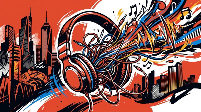 Ilustración urbana del álbum NEXO de Nil Moliner: audífonos que estallan en música y caos creativo sobre la ciudad.