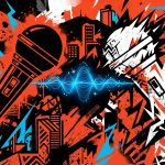 Ilustración de arte urbano con dos micrófonos opuestos, simbolizando la nueva colaboración musical de Jay-Z y Eminem.
