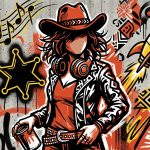Ilustración urbana de una vaquera con audífonos, simbolizando el secreto musical de Taylor Swift para Toy Story 5.