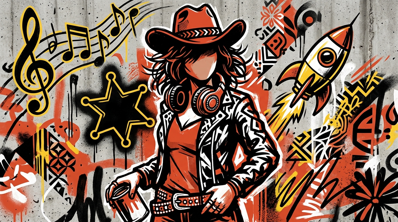 Ilustración urbana de una vaquera con audífonos, simbolizando el secreto musical de Taylor Swift para Toy Story 5.
