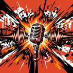 Ilustración de arte urbano de un micrófono enérgico, simbolizando los 20 años de rock de la banda Allison.
