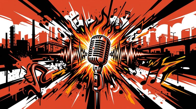 Ilustración de arte urbano de un micrófono enérgico, simbolizando los 20 años de rock de la banda Allison.