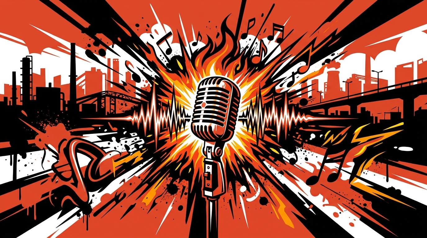 Ilustración de arte urbano de un micrófono enérgico, simbolizando los 20 años de rock de la banda Allison.